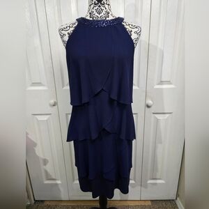 EUC Chaps Blue Tiered Sleeveless Sequin Halter Neckline Cocktail Dress
